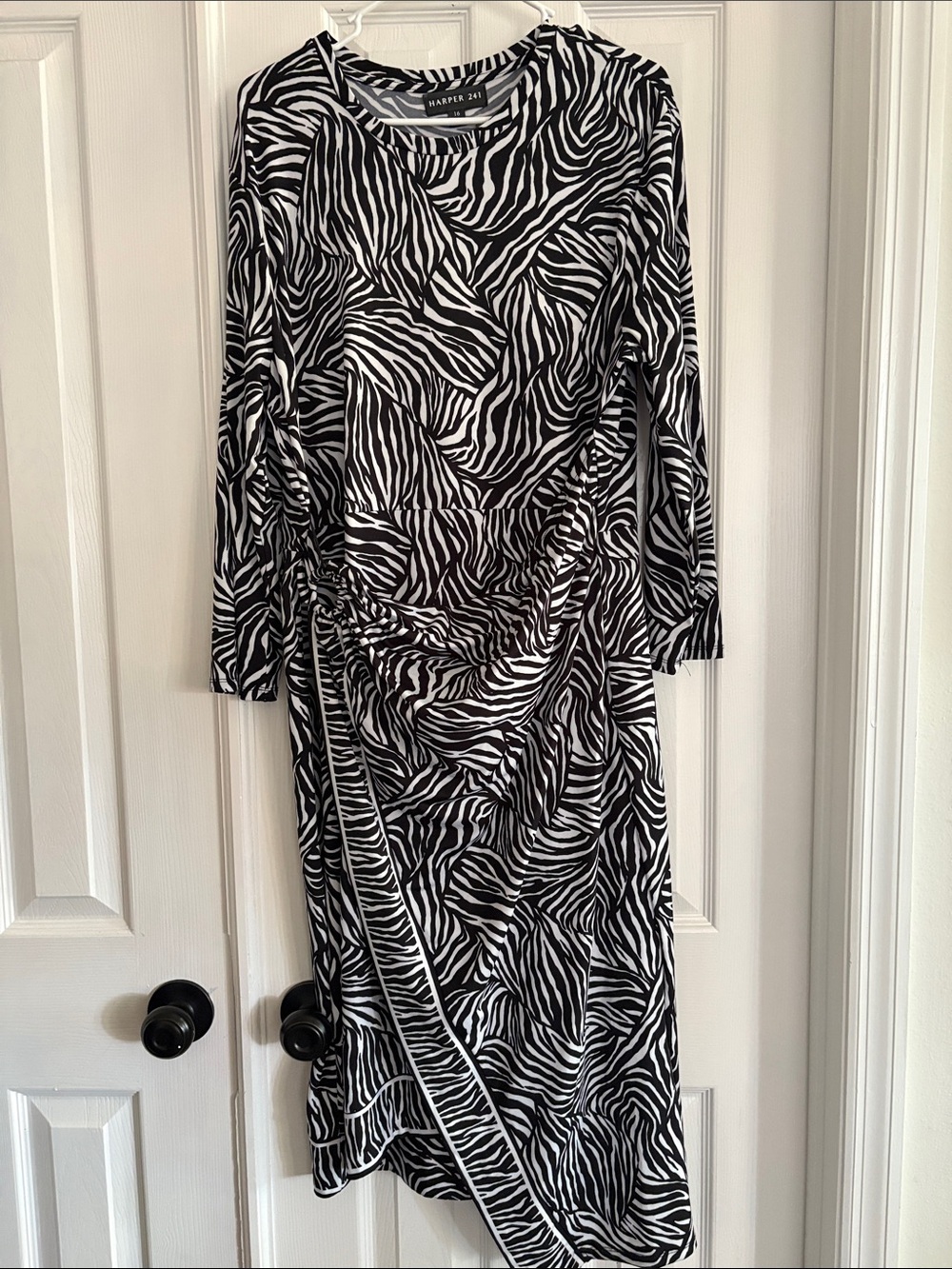 Harper 241 Black and White Zebra Animal Print Asymmetrical Ruched Dress Size 16